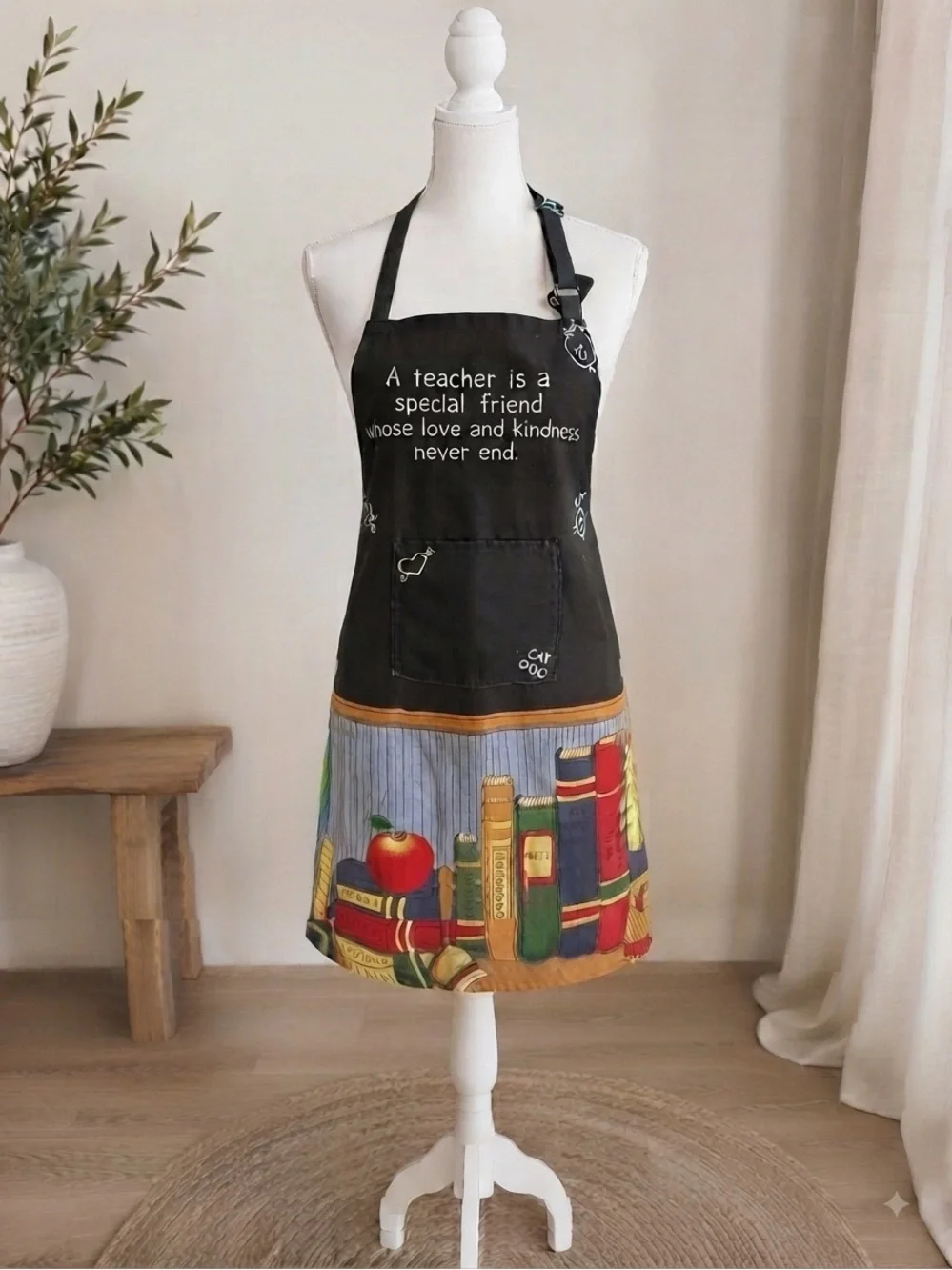 Vintage Teacher Apron Books Apple Print Front Pocket Adjustable